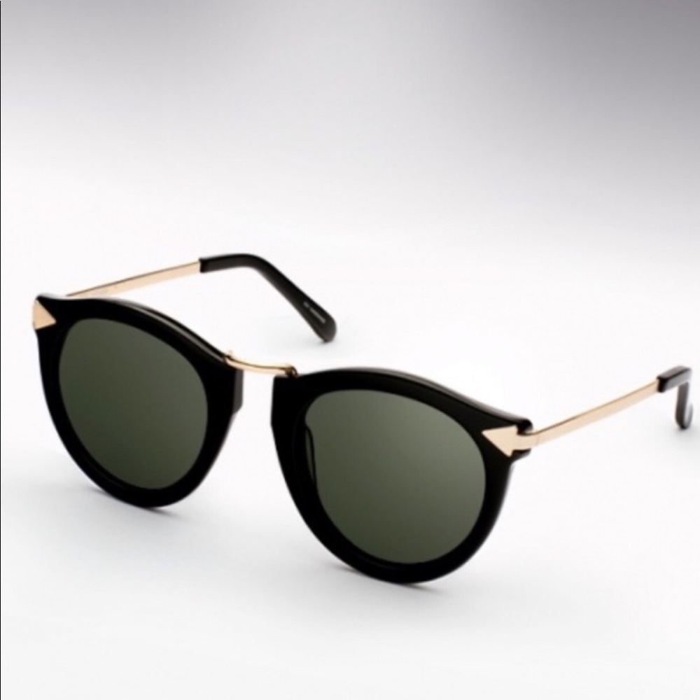Karen Walker Black Frame Sunglasses with Gold Temples and Dark Green Lenses